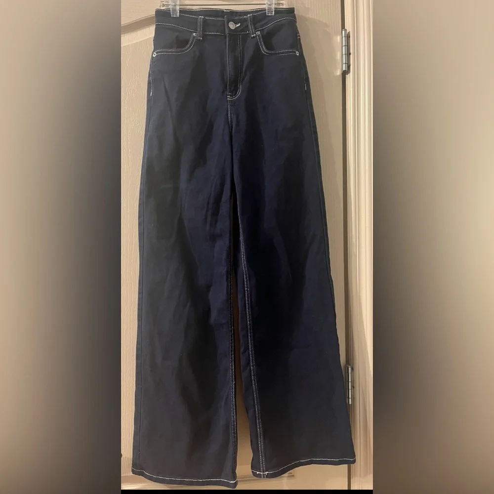 H&M Divided Navy Wide Leg Navy Denim Size 2 Baggy Skater Cotton Blend Minimalist - Picture 3 of 10
